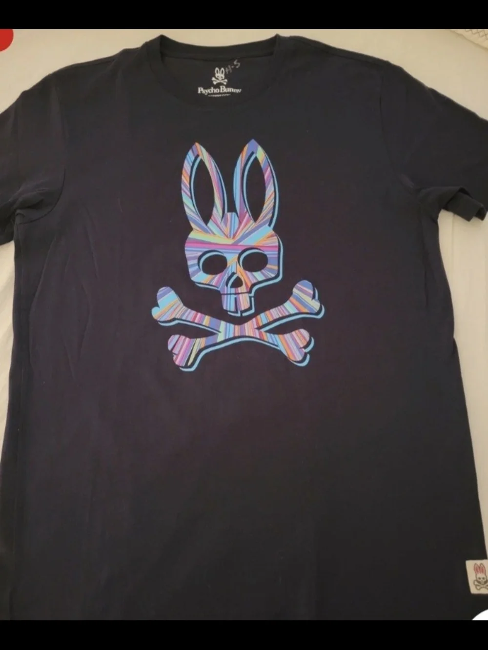 Psycho Bunny Black Tee with Multicolor Striped Bunny Skull